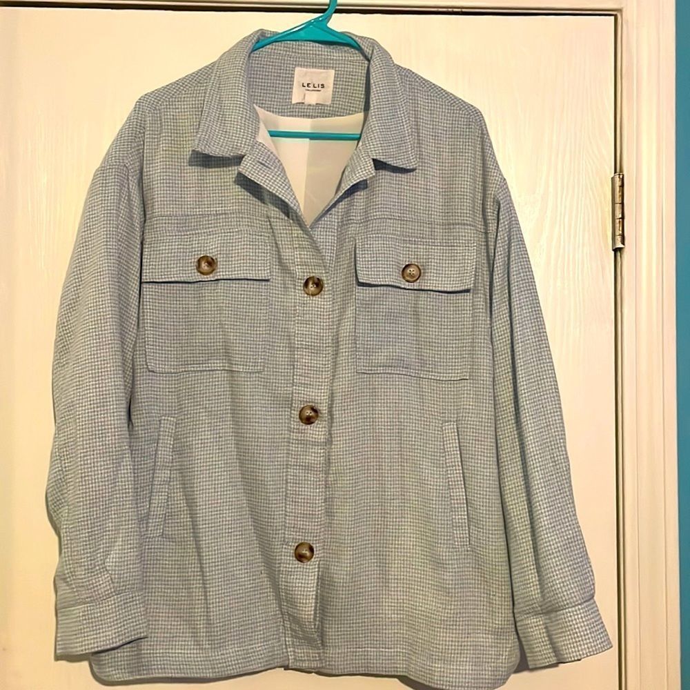 Boutique shacket with light blue and white print